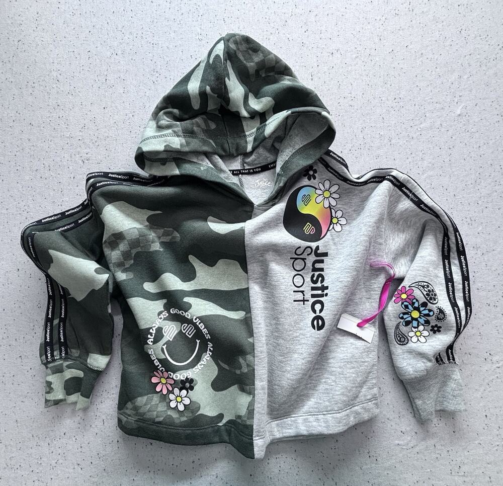 NWT Justice Sport Girls Size M Camo Gray Yin Yang Split Pullover Hoodie Fleece